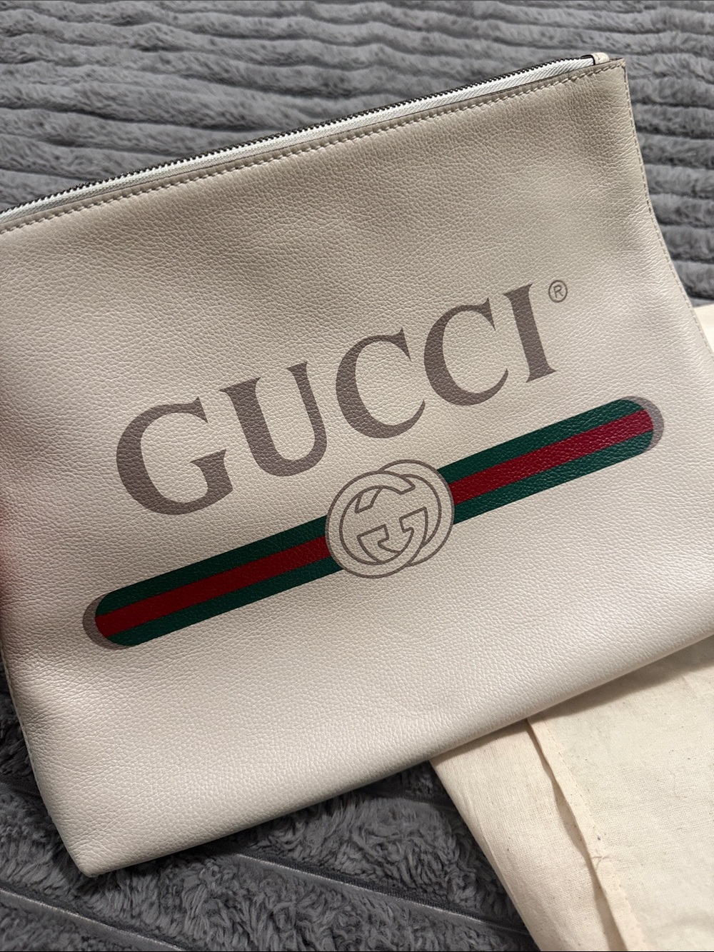 Gucci Cream Leather Clutch with Green and Red Web Stripe